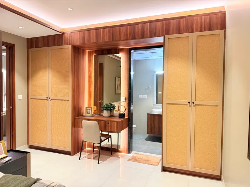 Delivered bedroom with rattan wardrobes