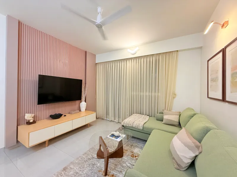 Delivered living room with fluted TV wall
