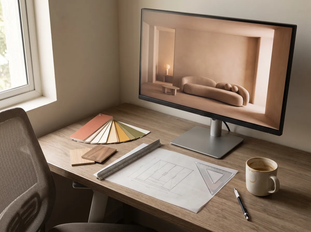 A designer's workstation with a 3D interior render on screen, a hand-drawn elevation and colour swatches