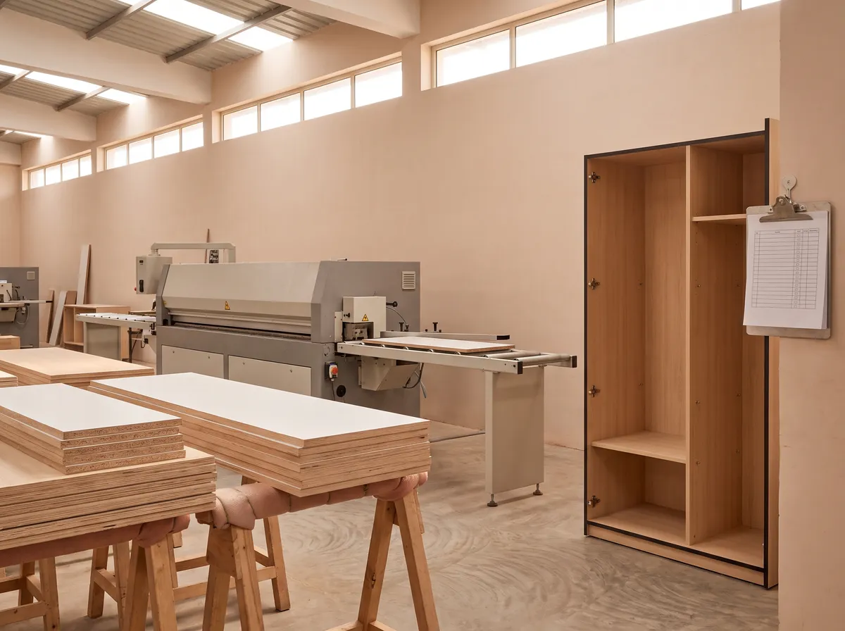 The in-house modular factory: stacked cut panels, an edge-banding machine and a QC checklist beside a finished carcass