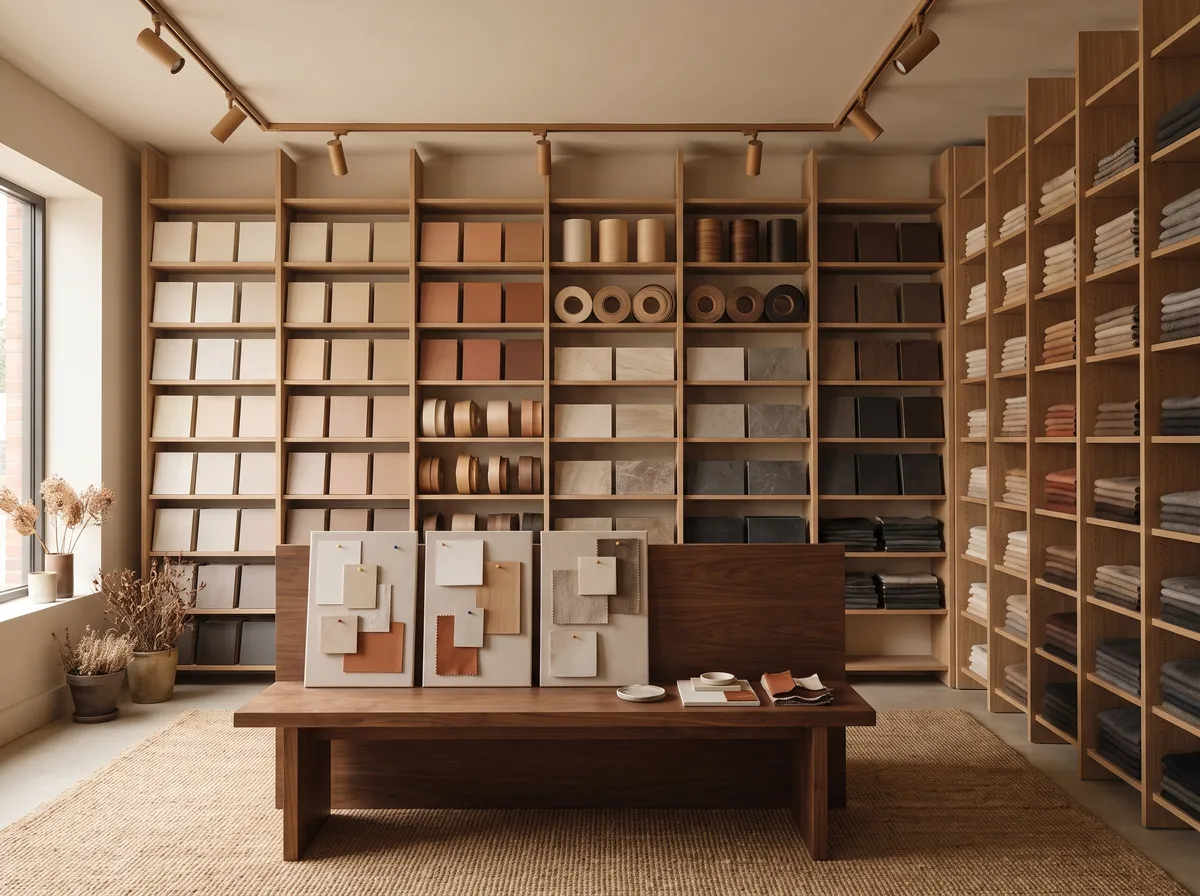 Floor-to-ceiling racks of laminate, veneer and fabric samples arranged by colour