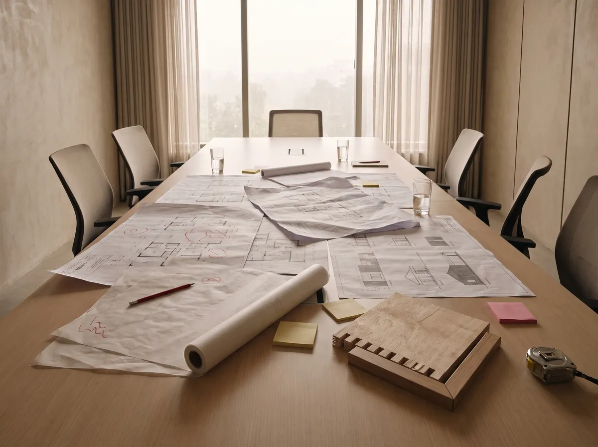 A review table with working drawings annotated in red pencil, sticky notes and a joinery mock-up block