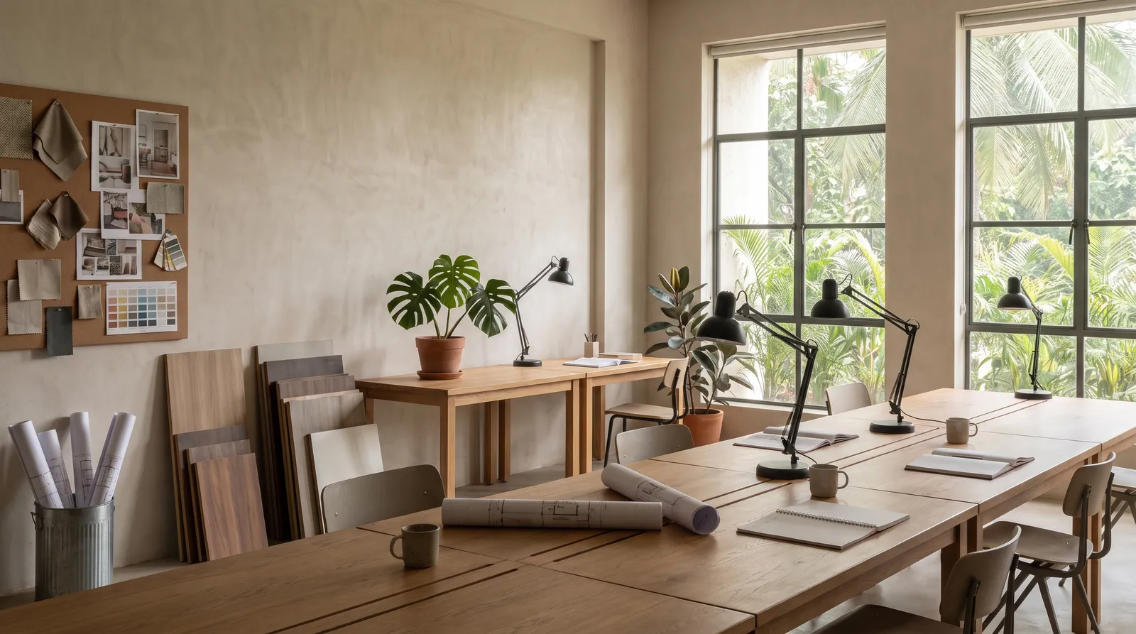The AesthetiX design studio in Bengaluru — shared worktables, rolled drawings and a wall of material samples