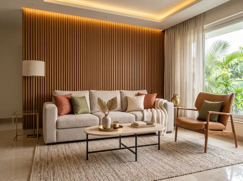 Villa-scale living room with layered lighting