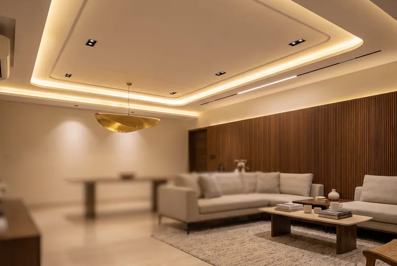 Layered gypsum false ceiling with cove lighting