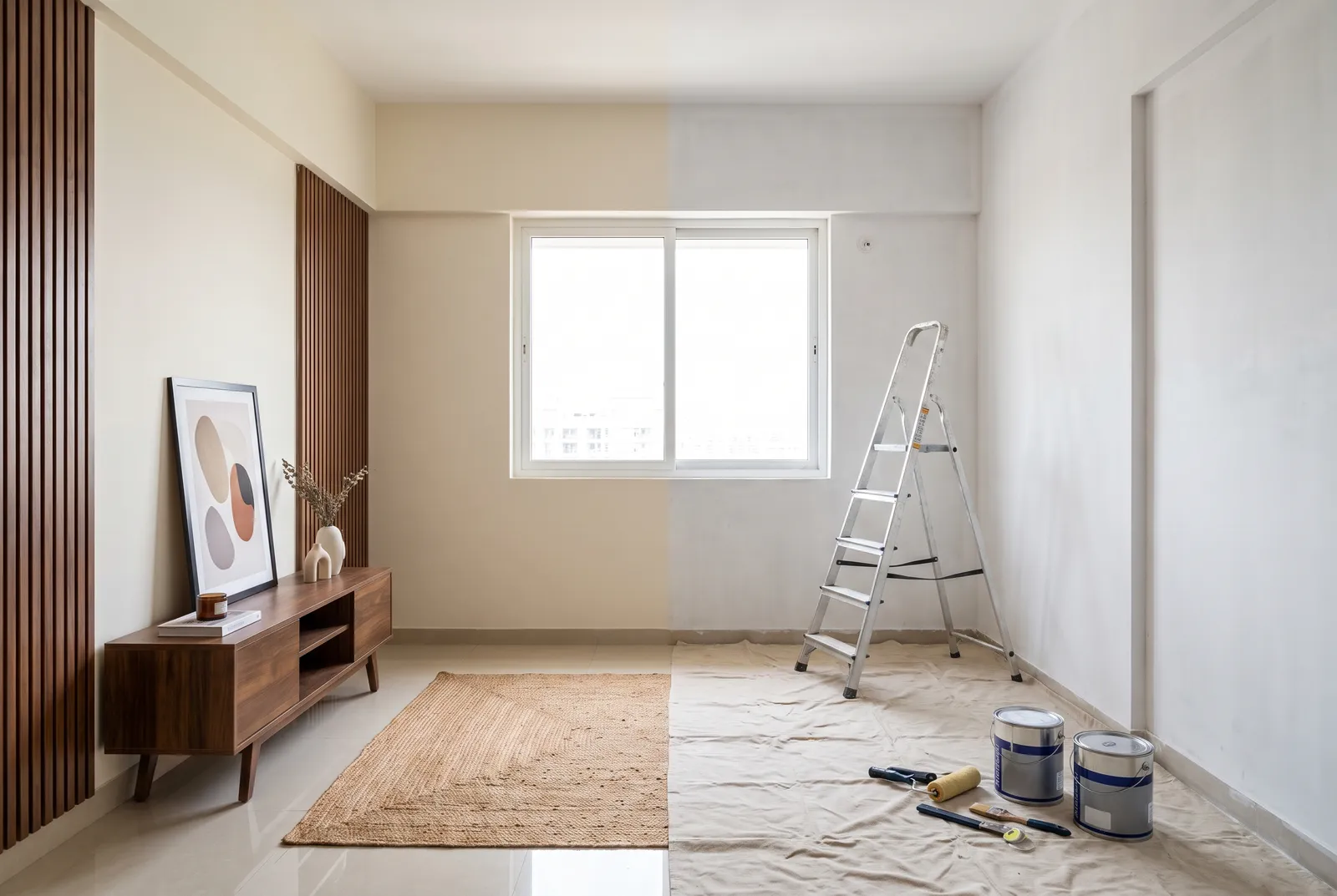 Apartment living room mid-renovation — one half refreshed and panelled, the other still bare
